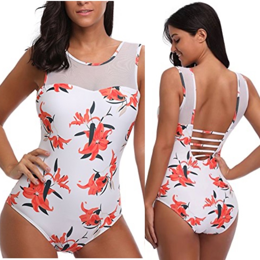 Albion White One-Piece Swimsuit with Coral Floral Print